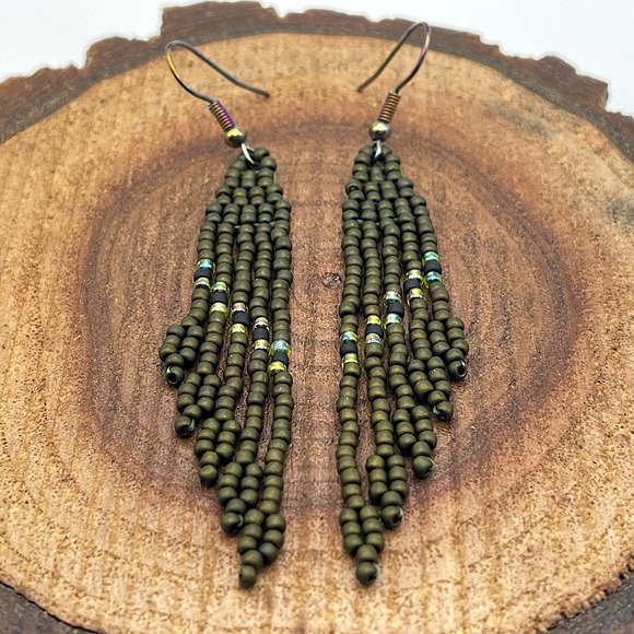 Seed Bead Fringe Dangle Earrings Dark Olive Matte Rainbow Jonquil Black Glass - Picture 3 of 4